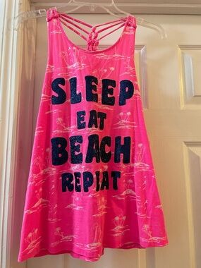 Glitter Pink Beach Tank with Graphic 'Sleep Eat Beach Repeat' (0010)
